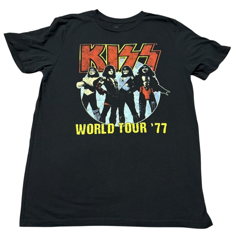 KISS Womens Graphic Band Tee Size M Black World Tour 77 Rock Vintage Grunge‎